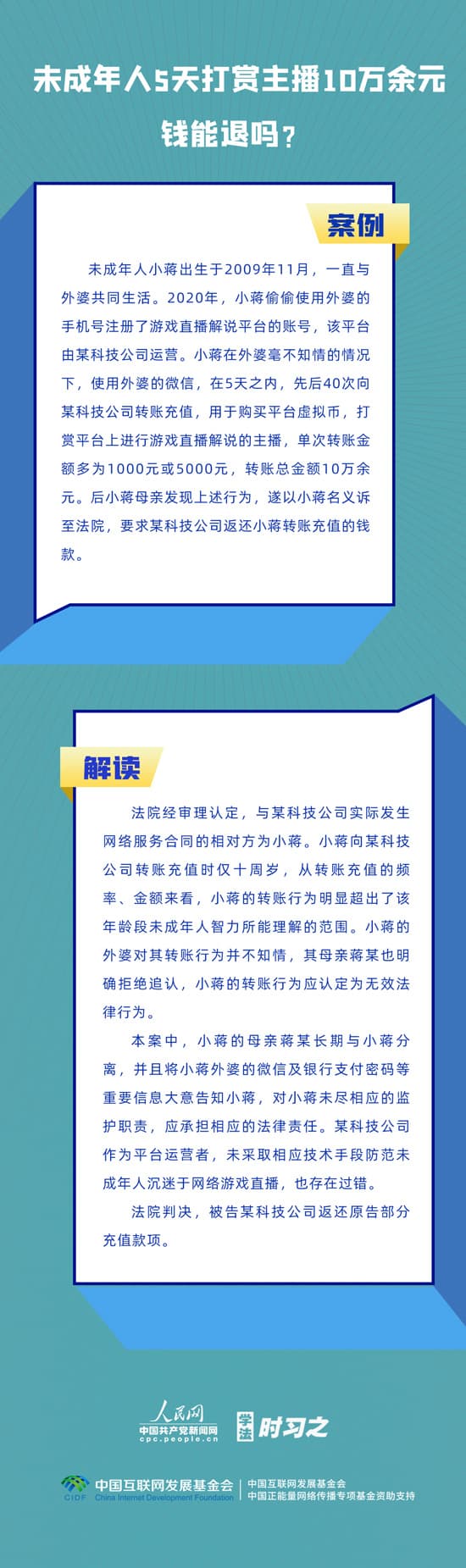 未成年人5天打赏主播10万余元 钱能退吗？