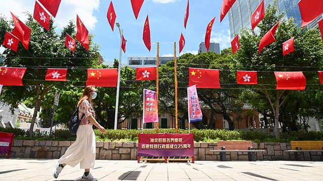 香港尖沙咀栢丽购物大道挂国旗及区旗庆回归